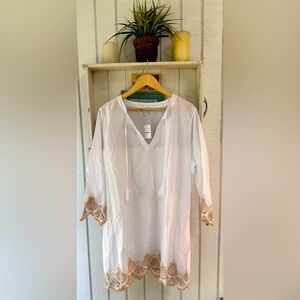 J. Crew Ivory Tunic or Beach Cover Up with Tan Seashells Trim